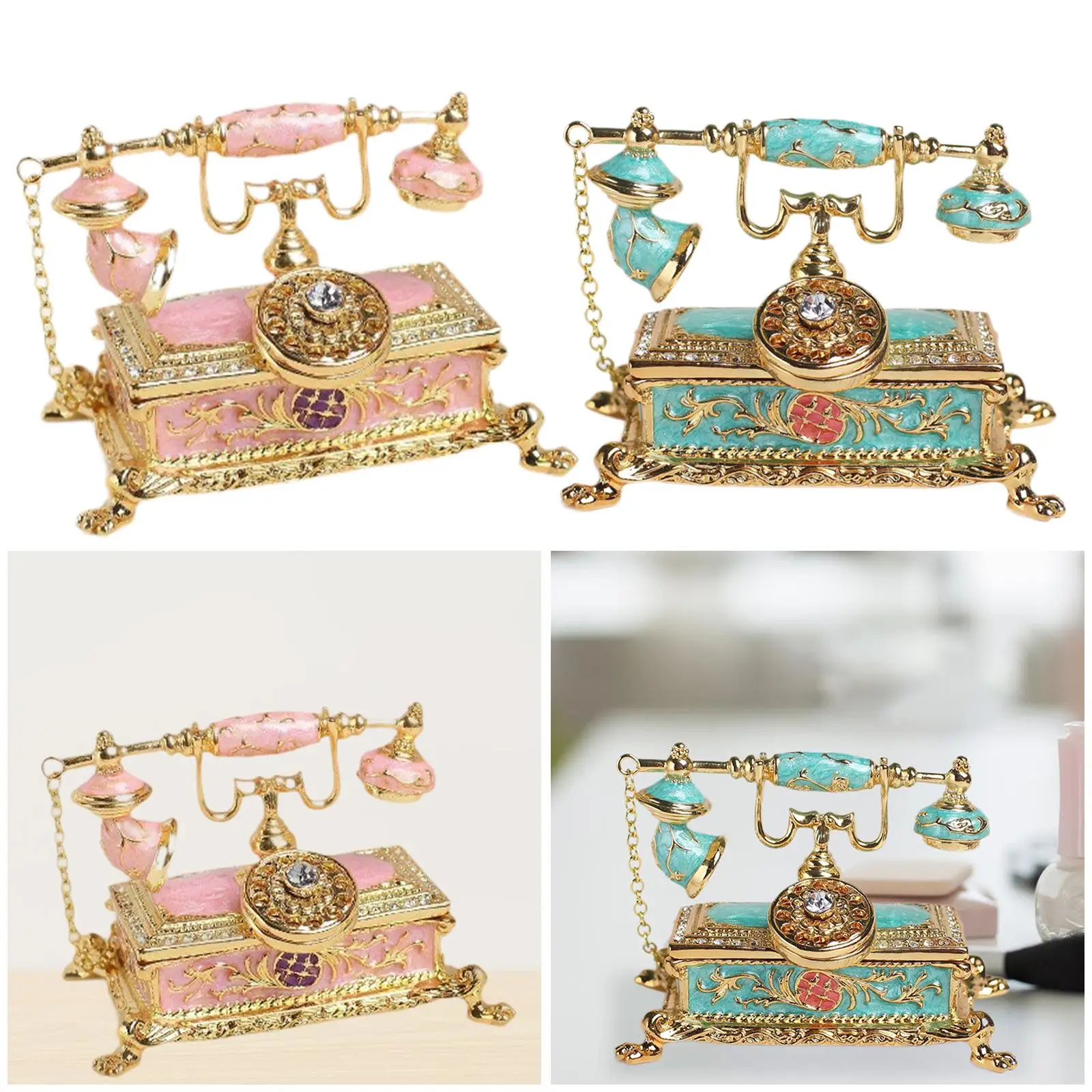 Enameled Jewelry Box Telephone Figurine Hand Painted Unique Gift Decorative Jewelry Holder Box for Bracelet Necklace Earrings