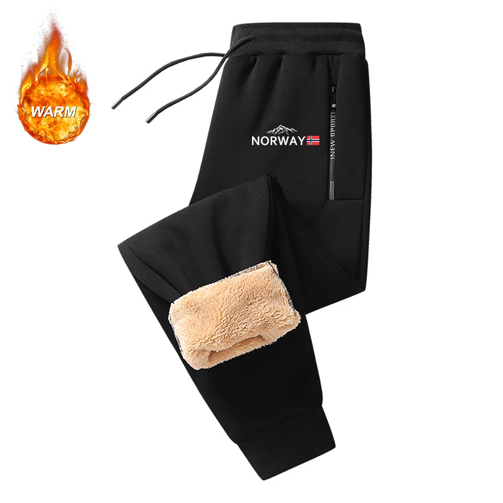 Men's Mountain Flag Print Thick Sweatpants Winter Casual Warm Trousers With Zipper Pockets For Running Drawstring Sports Pants