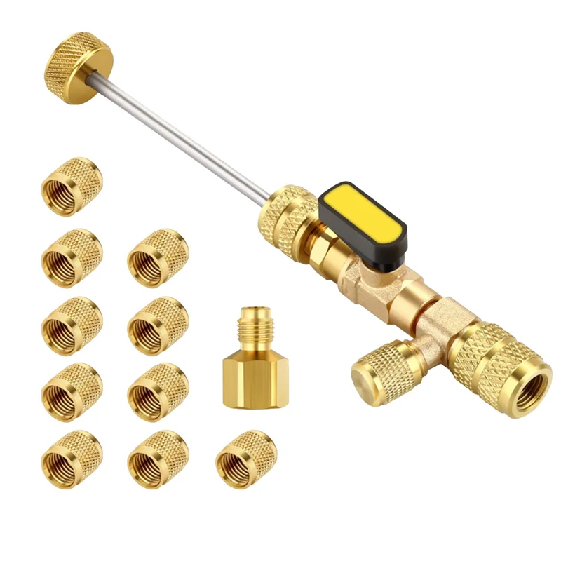 Valve Core Remover Installer Tool Kit with Dual Size 1/4 & 5/16 Port for with R22 R12 R407 R410 R404 R32 R600