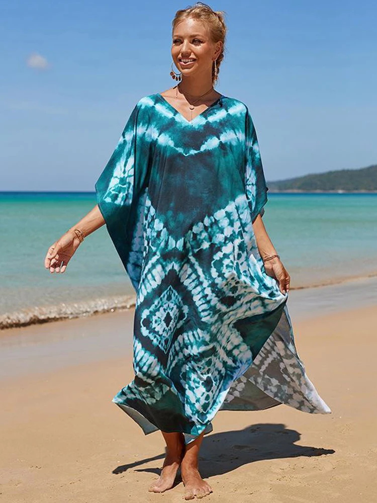 Vestido de cobertura grande com estampa colorida para mulheres 2025 estilo tie dye decote em v solto proteção solar festa de férias boho coverups dres