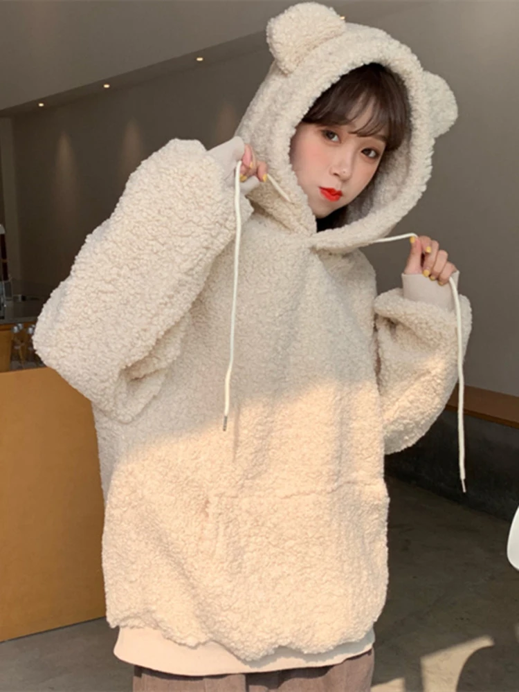 Autumn Winter Women Fake Lambswool Pullover Warm Thicken Hoodies Bear Ears Kawaii Hooded Sweatshirt Loose Casual Fleece Outwear