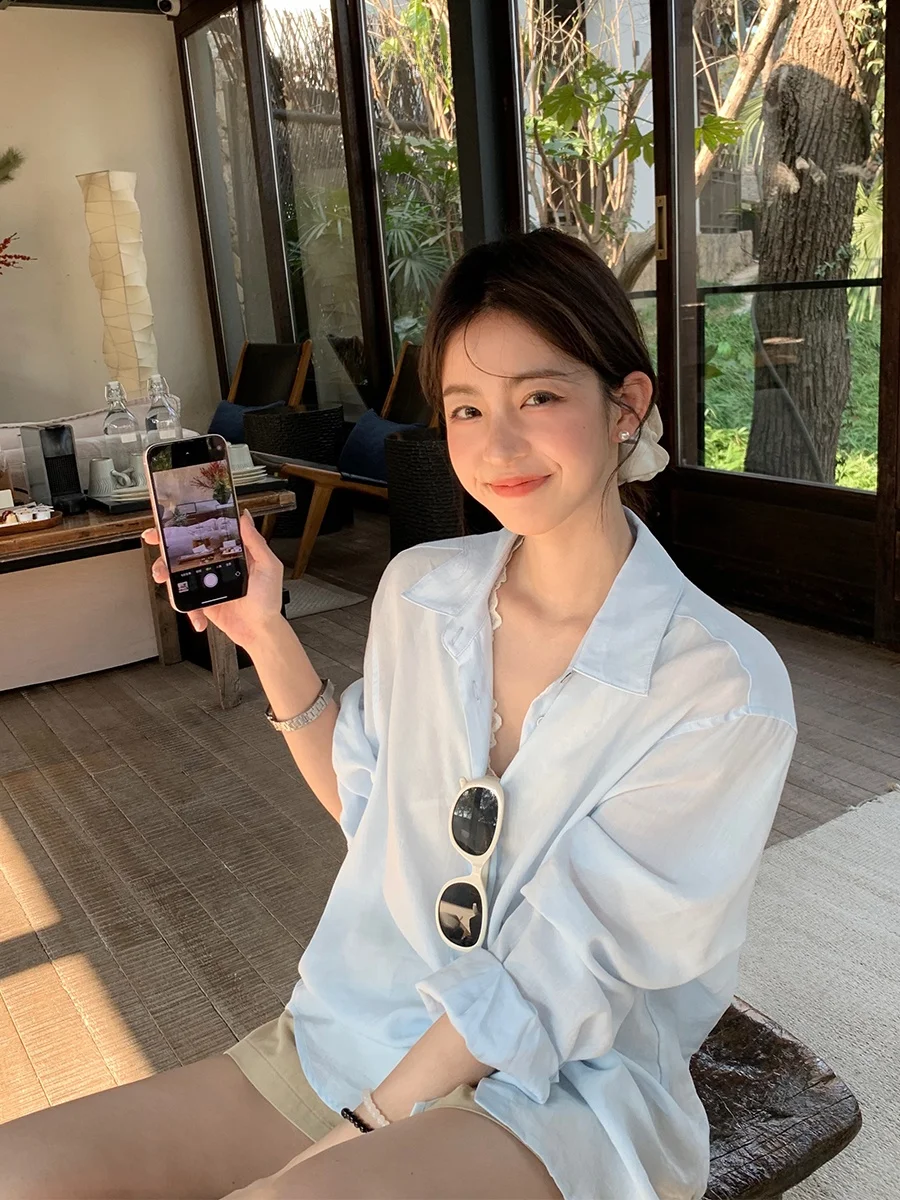 

MUKOK Sea Salt Milk Sugar Blue Lyocell Flax Women's Spring New Loose Fit Long Sve Sun Protection irt Breathable Comfortable