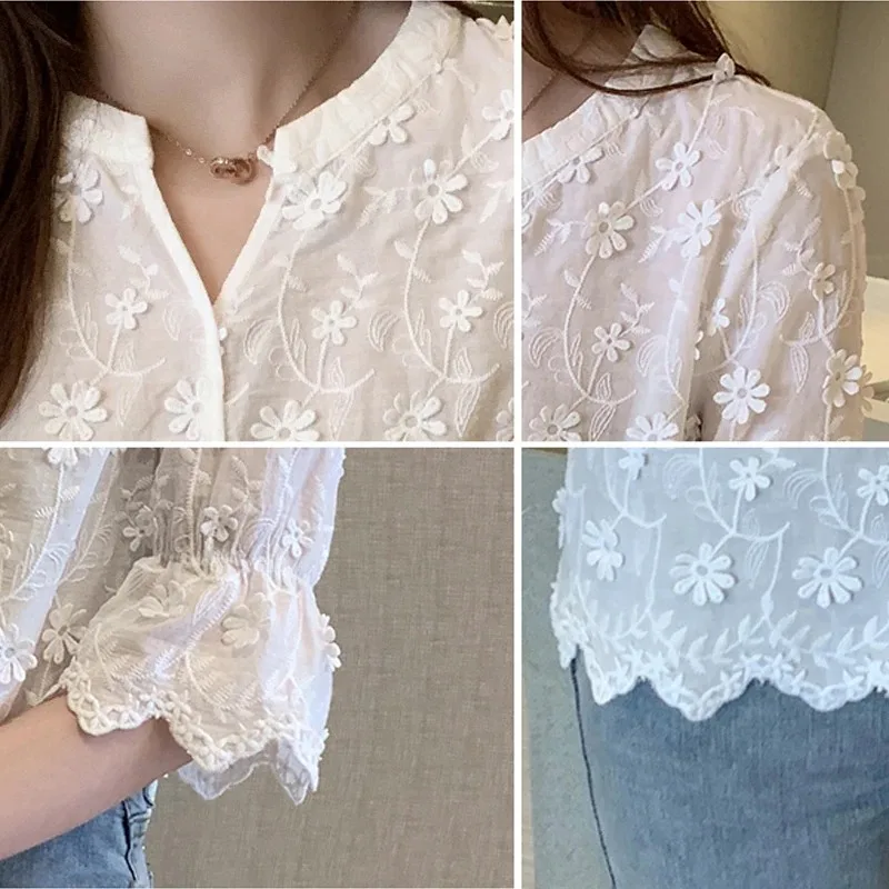 Women\'s Cotton Short Sleeve Lace Blouse, Summer Tops, Embroidery Floral, White Shirt, Fashion Casual Blouses, 9638