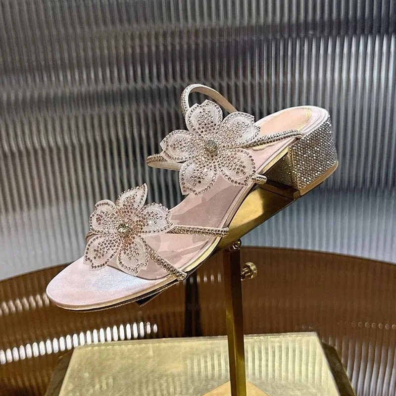 Slippers Open Toe Rhinestone Flower Decor Sandals Summer Women's Thin Strip Design Thick Heel Dress Shoes Wedding Shoes - view 3