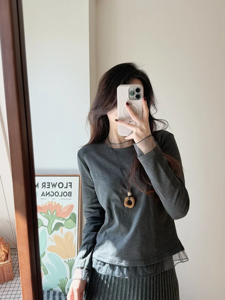 

Wendy Women's Long Sve Lace Patchwork Fce Lined Base irt Slimming Inner Wear T-irt Commute Sle round Ne Regular...