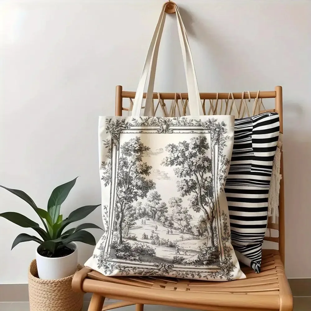 Vintage Toile Landscape Print Canvas Tote Bag Retro Forest Scenery Shoulder Bag Women Casual Reusable Shopping Handbag