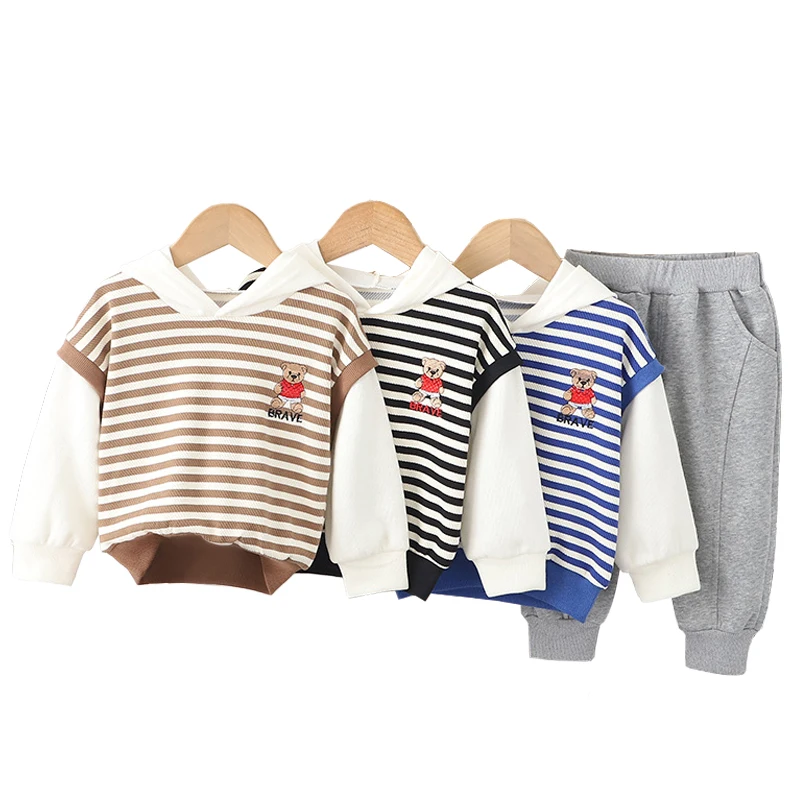 

Children's Spring Fashion Striped Sweater Suit For Boys Cartoon Bear Hoodie+Pants Casual 2 Piece Set Kids Cotton Suit 9M-5 Years