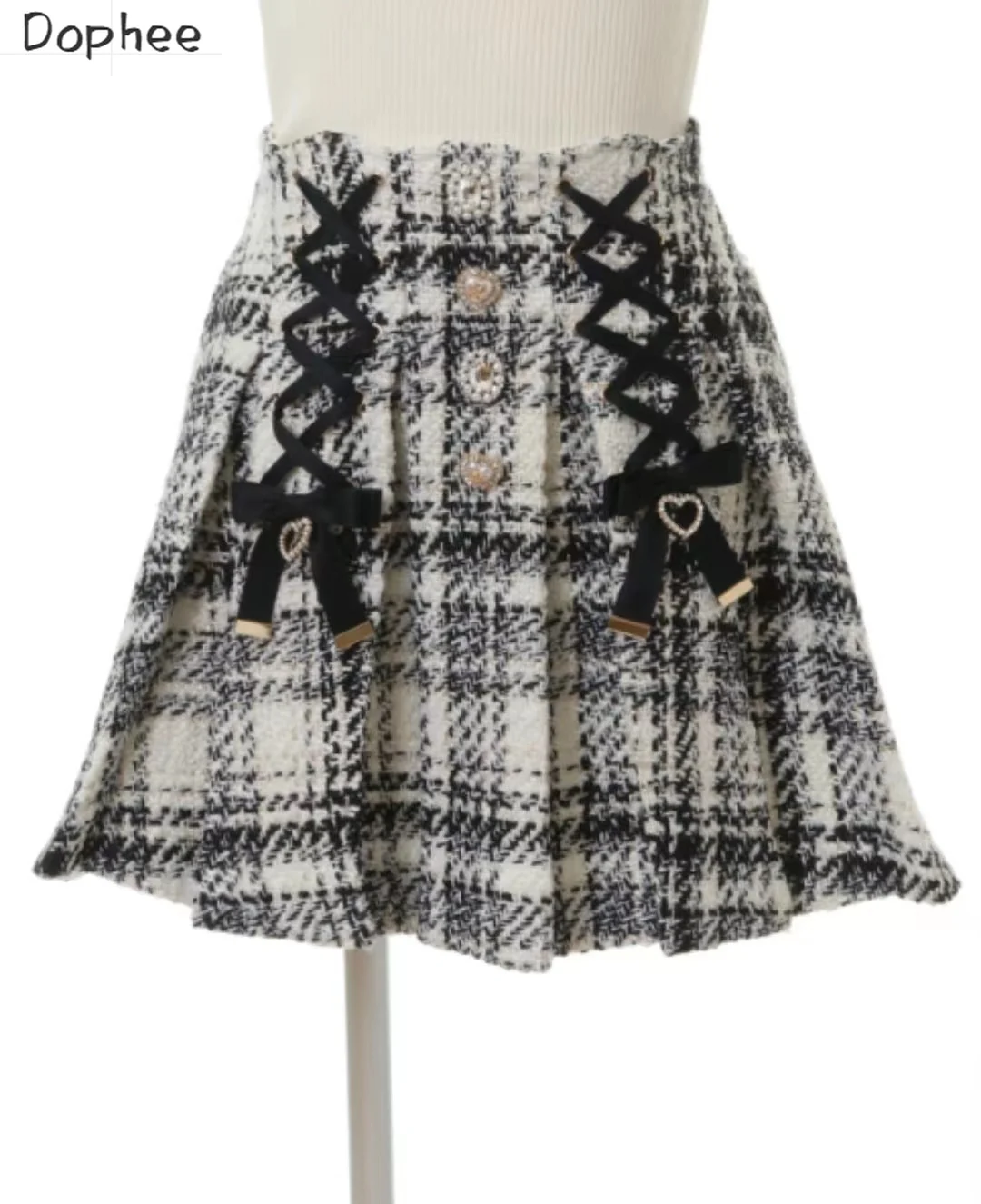 

Dophee Japan Style Autumn Winter Woolen Skirts Landmine Series Ribbon Bow Water Diamond Buckle High Waist Short A-line Skirt