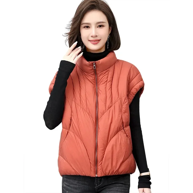 2024 New Korean Women\'s Vest Puffer Jacket Casual Parkas Round Neck Down Cotton Vest Loose-fit Slim Female Warm Snow Wear Top