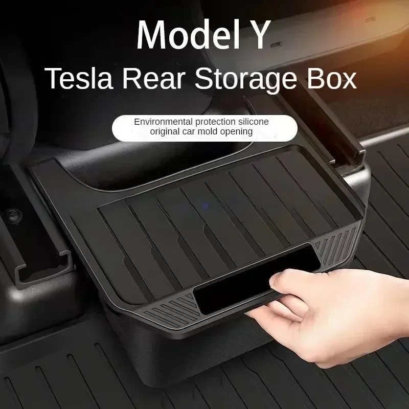 Newest Model Y Rear Center Console Organizer TPE Backseat Storage Box Garbage Can with Anti-Slip Lid Cover Rear Bin 2nd Row Seat