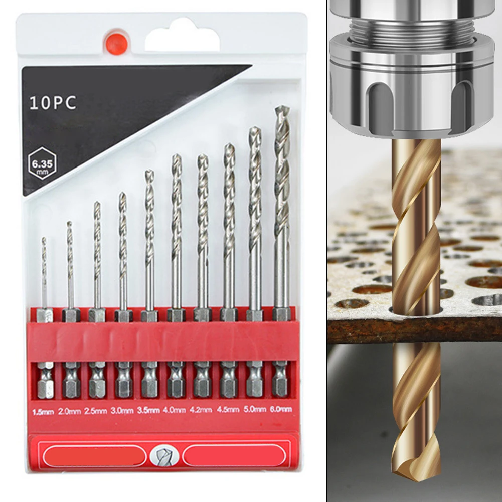 Set of 10 Cobalt Hex Shank Drill Bits Designed for Quick Change Mechanism Perfect for DIY Enthusiasts and Professionals