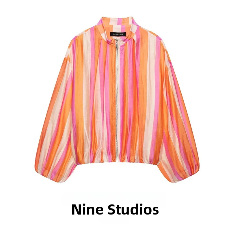 

NINE ZAR Women's Striped Zipper Decorated Pilot Jacket Outerwear Top Polyester Fiber Loose Fit Long Sleeve Summer Season