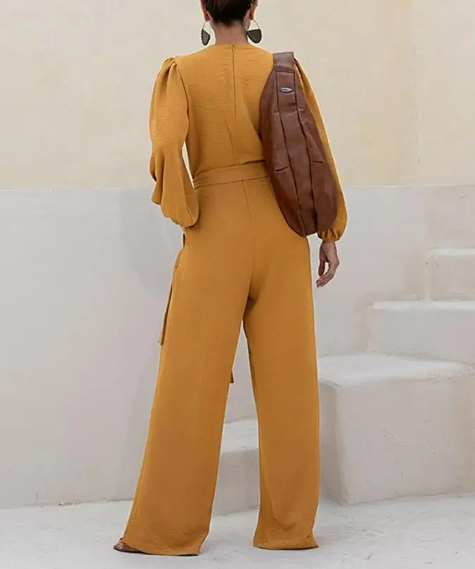 Women Long Jumpsuits Puff Sleeve Plunge V Neck Waist Tied Detai Jumpsuit Female Casual Ruched Textured Loose Romper with Pockets