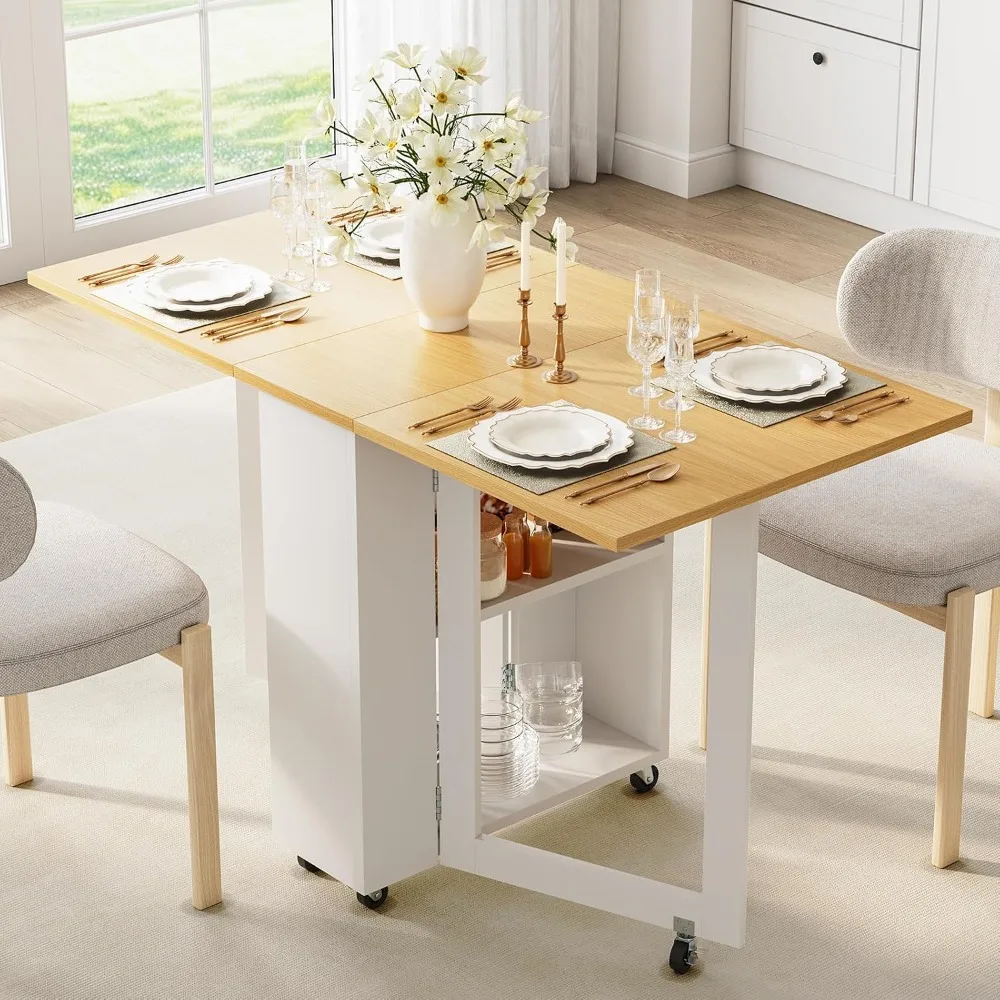 Folding Dining Table, Space-Saving Dining Table with 6 Rolling Wheels and 2-Tier Storage Shelf, Kitchen Table for, Customized