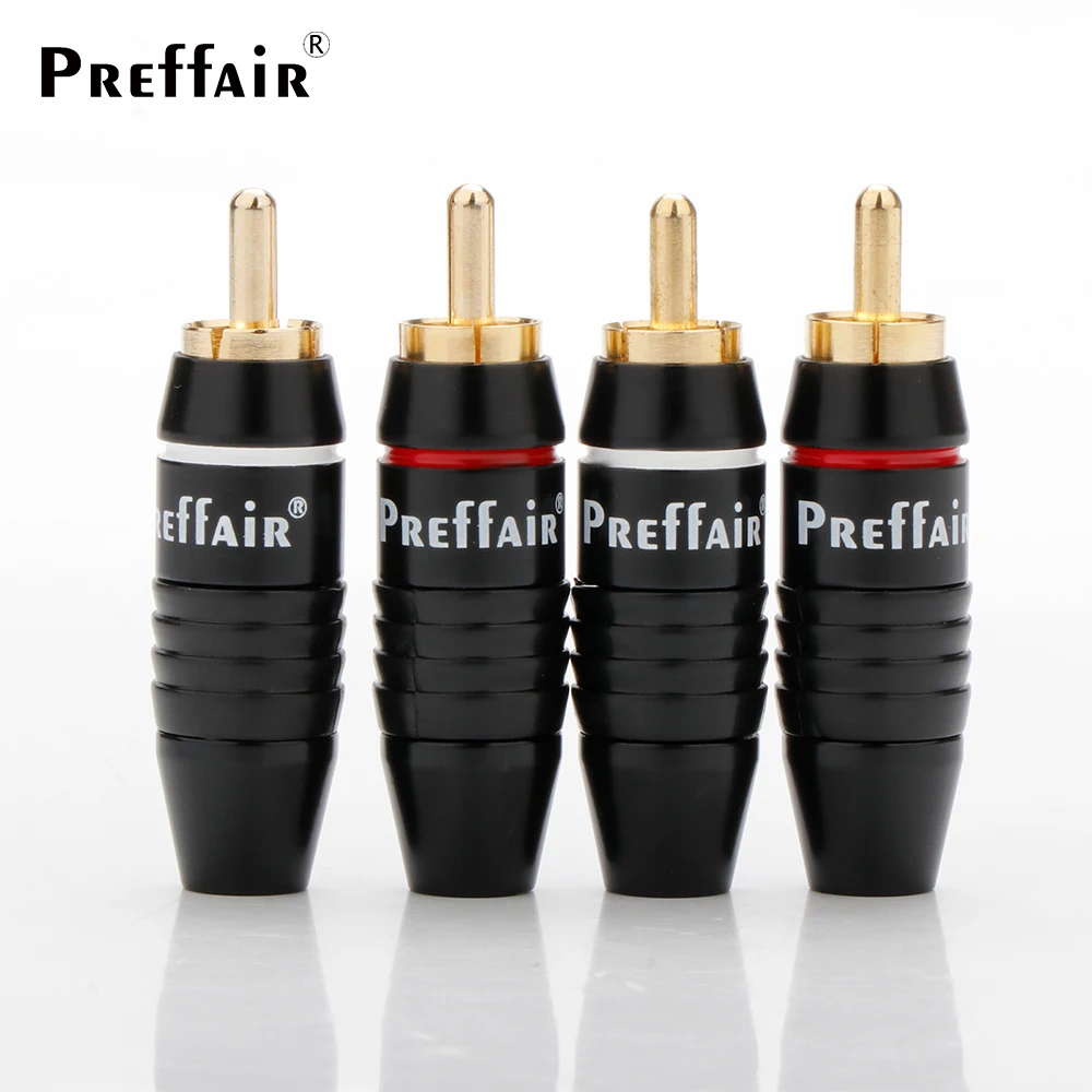 Preffair ขั้วต่อ RCA ชุบทอง4ชิ้นปลั๊ก RCA ตัวผู้ตัวเชื่อมต่อ RCA แบบบัดกรีเหมาะสำหรับสายออดิโอ6มม.