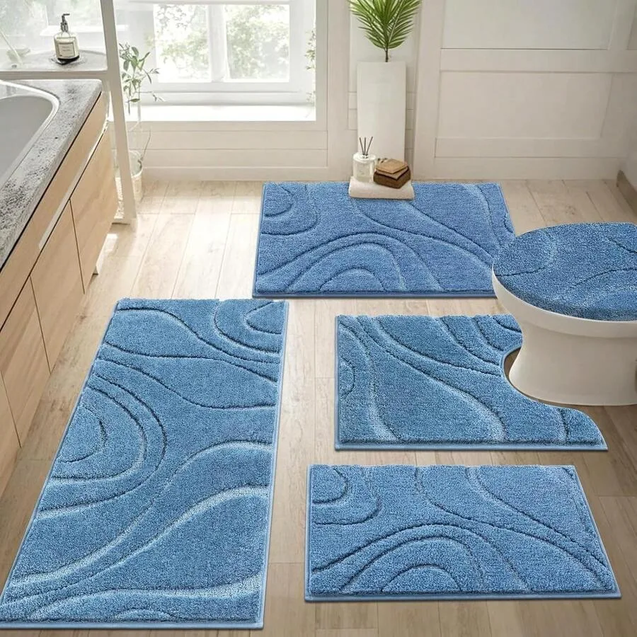 

HEBE 5 PC Bathroom Rugs Set, Plush Absorbent Microfiber Bath Mats For Bathroom, Non Slip Washable Bath Rug Set With U Shaped Co
