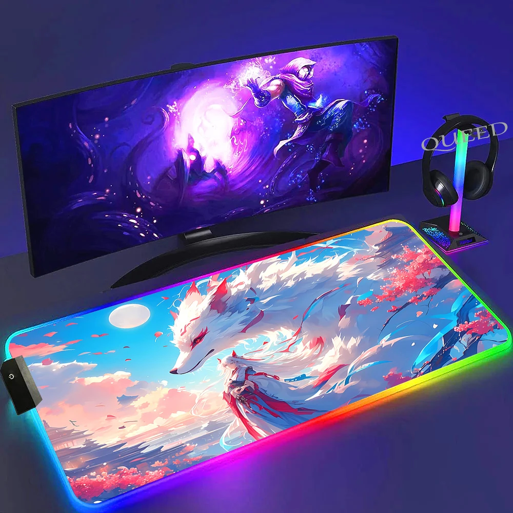 Kawaii Fox Gamer Mouse Pad Rgb Gaming Backlight Mousepad Pc Accessories Gamer Keyboard Backlit Mat Desk Protector Mats 900x400