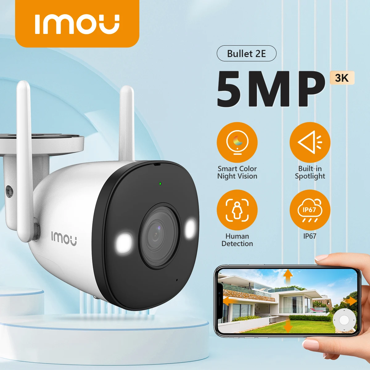 IMOU 불릿 2E 5MP 3K 내장 스포트라이트 풀 컬러 와이파이 카메라, 야외 IP67 방수, 홈 보안, 사람 감지 IP 카메라 