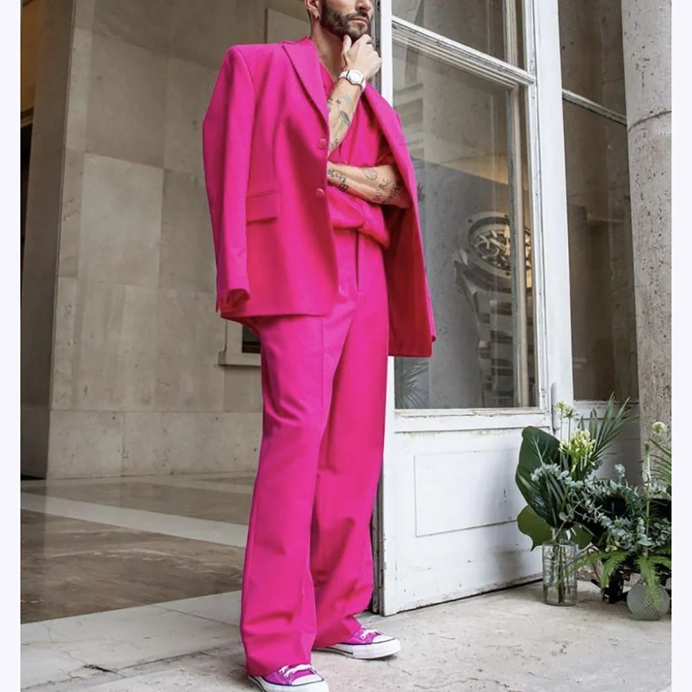 

Fashion Men Suits Hot Pink Single Breasted Formal Blazer High Street Style Business Casual Party Prom Outfit Jacket Pants