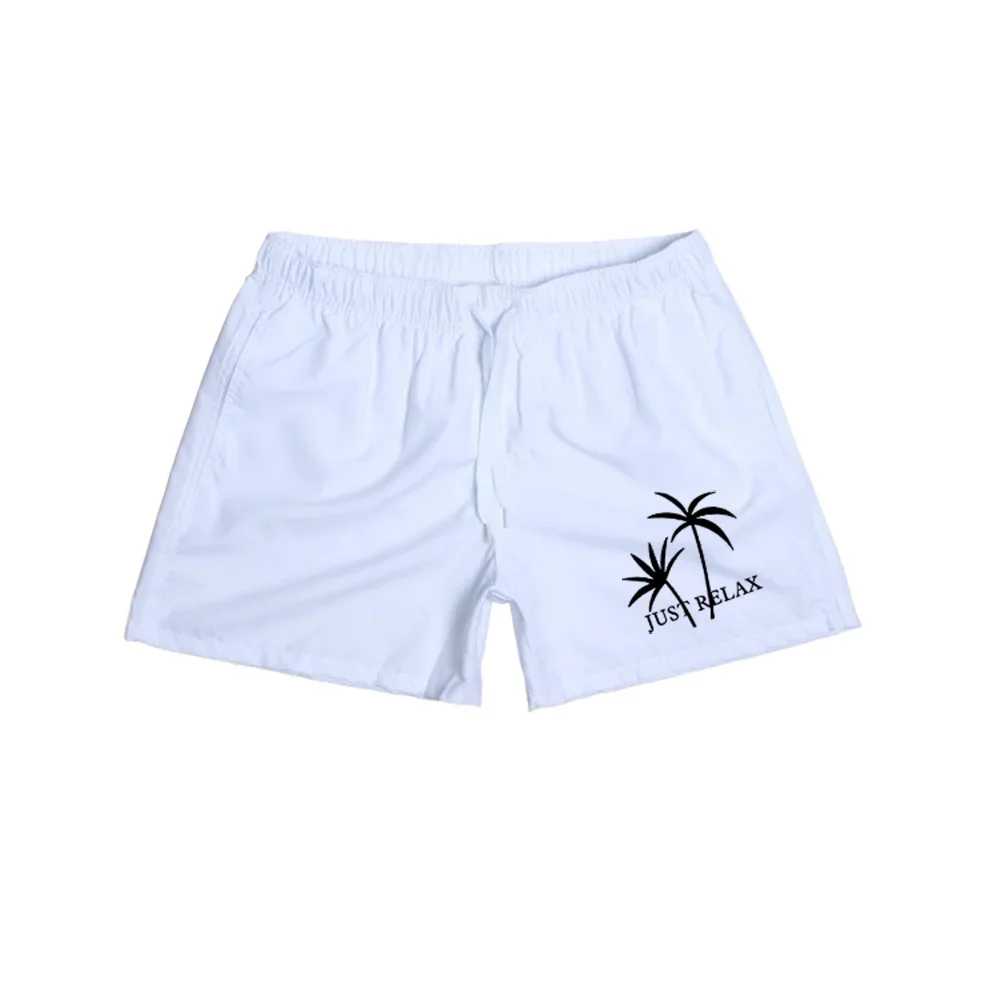 Asian size Men White Quick Dry Drawstring Beach Shorts Two Palm Tree Just Relax Slogan Print Lined Swim Trunks Casual Summer Sur