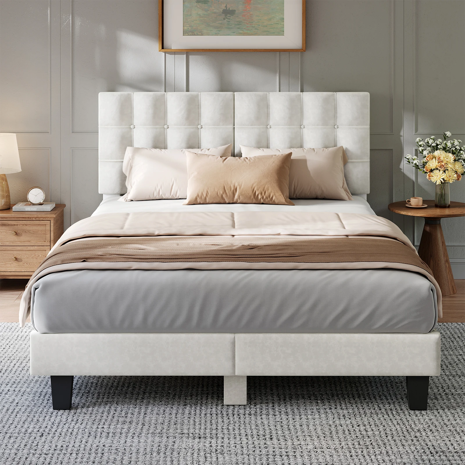 Lit Double Capitonné en Tissu avec Tête de Lit Rembourrée et Sommier à Lattes, HavenlyHome, Beige