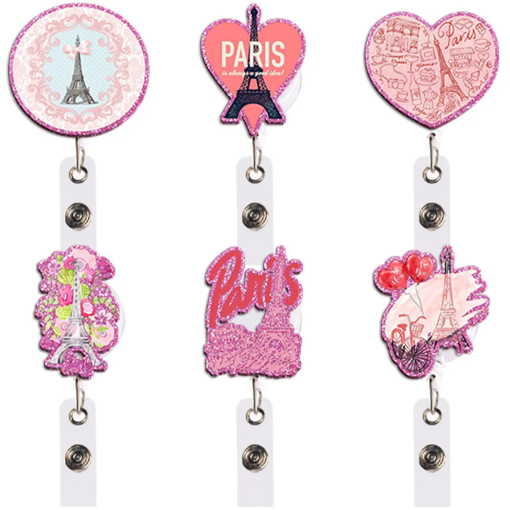 Pink Paris Badge Reel Retractable ID Holder Eiffel Tower Heart Airplane Gift for Student School Office Commute