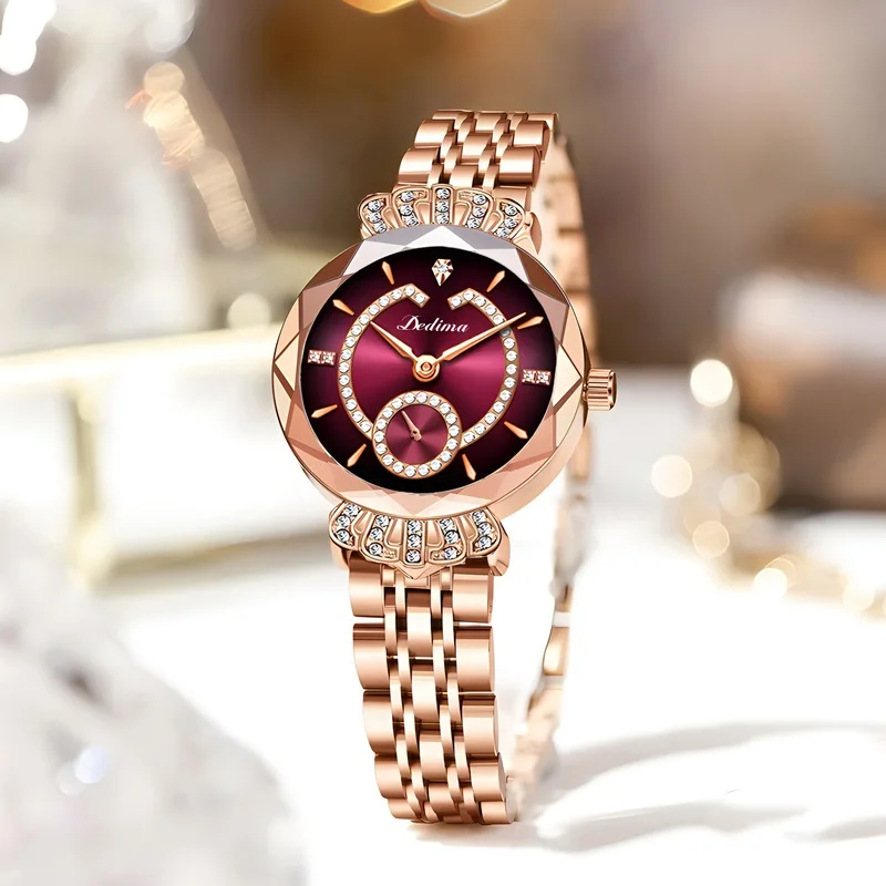 Fashion Women's  Quartz Watches Crown Diamond Embellished Wrist Watch Solid Steel Strap Butterfly Clasp Waterproof Ladies Watch