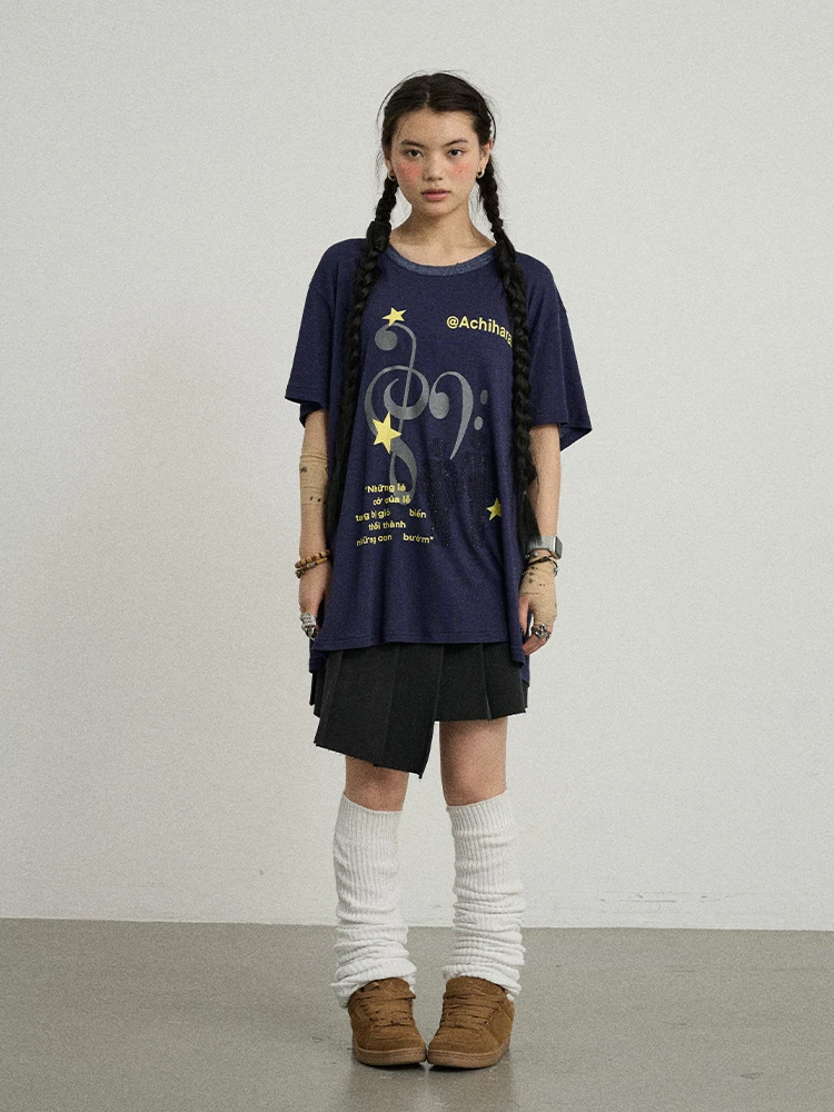 

Аххара Свободная женская футболка Синяя Светло-Фиолетовая Лето-Осенний принт Повседневная круглая футболка Ne ort Sve Moisture ng