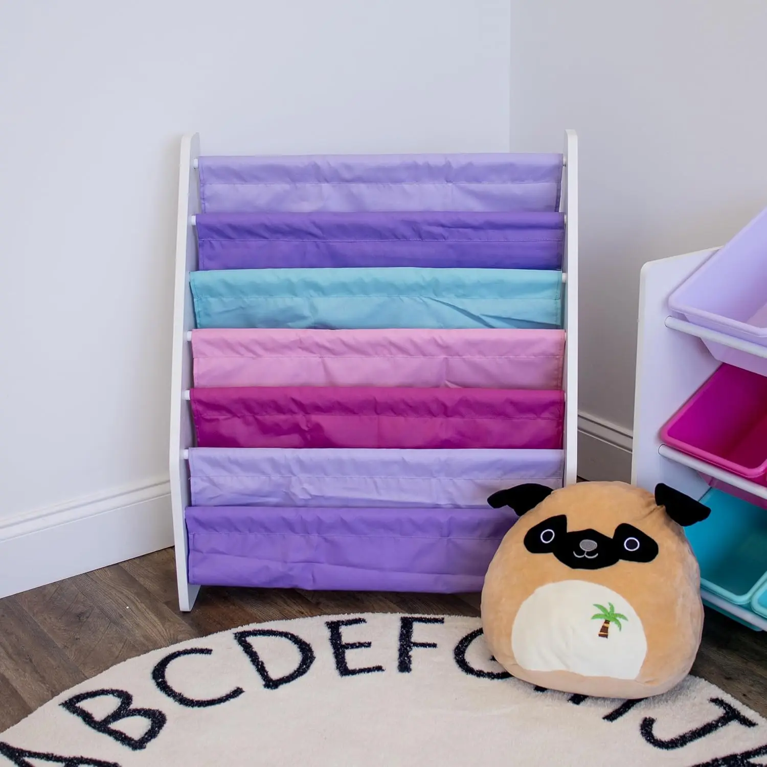 منظم رف كتب للأطفال مكون من 6 طبقات مع جيوب قماشية، شاشة أمامية لكتب الأطفال باللون الأبيض/الوردي/الأرجواني/أكوا #5