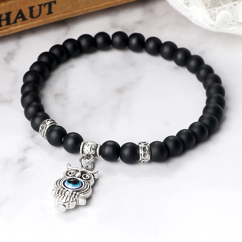 6 8mm Natural Matte Stone Bracelet Woman Man Fashion Evil Eye Fatima Hand Pendant Bracelet Elastic Rope Yoga Energy Jewelry Gift