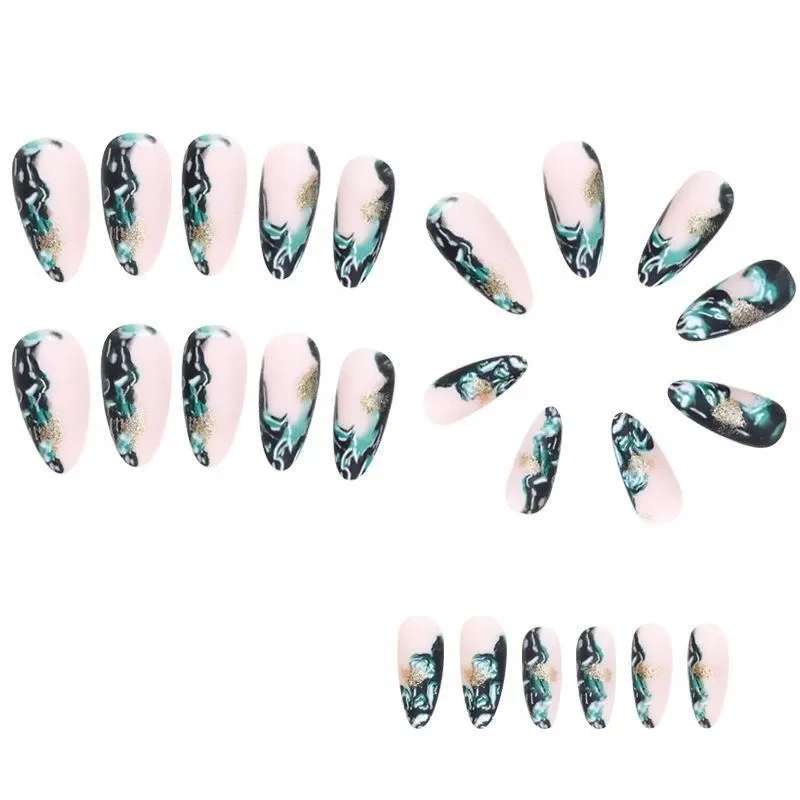 24 Stuks Druk Op Nagels Voor Meisjes Draagbare Groene Goedkope Nep Nagels Set Manicure Nail Art Medium Lang Amandel Valse Stick-On Nagel Meisje