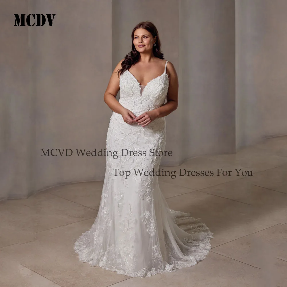 

MCDV Plus Size Shiny Wedding Dresses for Bride Spaghetti Straps Backless Applique Mermaid V Neck Long Bridal Gowns Customized
