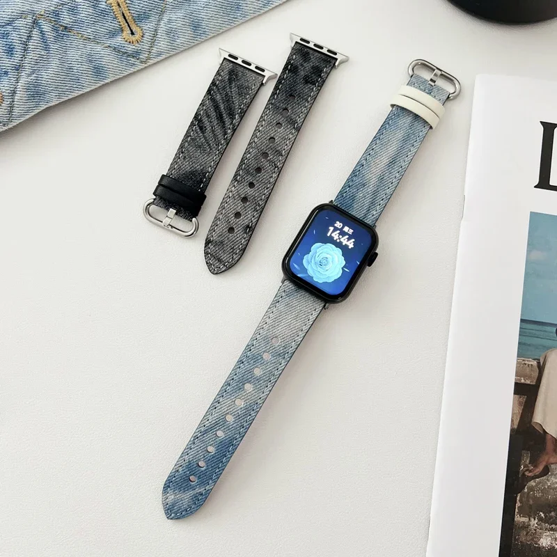 Retro Denim Leather Strap for Apple Watch Band 45mm 44mm 40 42 38 49 Jeans Bracelet for Iwatch Serie 9 8 7 SE 6 5 4 Accessories