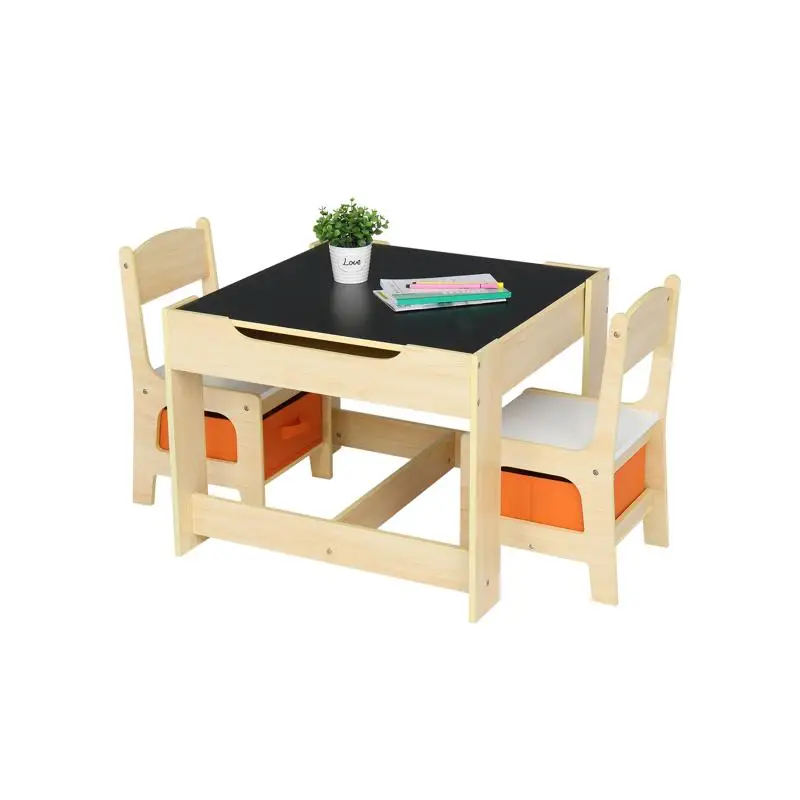 Kids Wooden Table & Chair Set with 2 Storage Bags - Includes 1 Table & 2 Chairs for Playroom or Bedroom