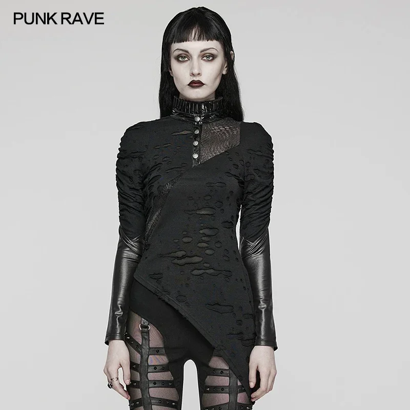 PUNK RAVE Women's Punk Decayed Knit Pleated Collar Design Irregular Slim Tee Sexy Black Gothic Daily Tops Women Clothes