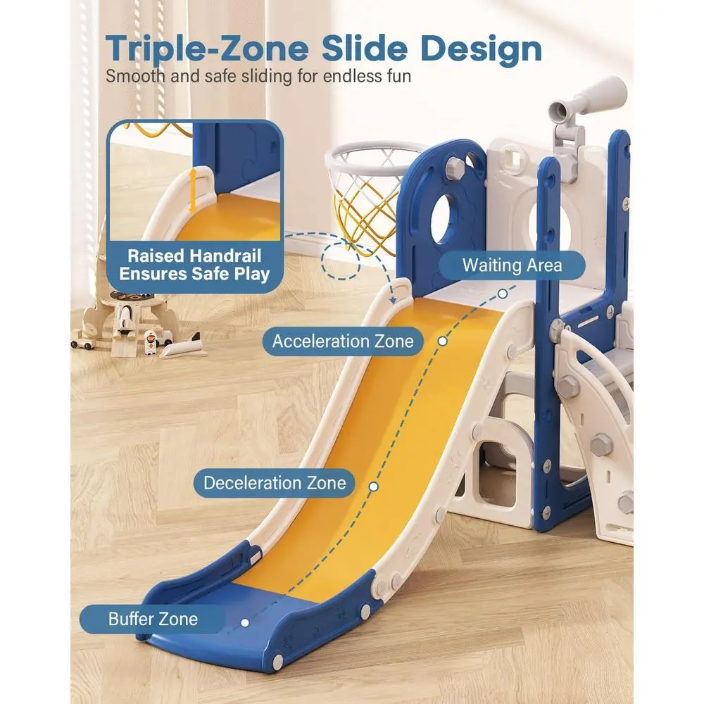 Glissière pour tout-petits 6 en 1, centre de jeu intérieur et extérieur avec basket-ball et télescope, pour les 1 à 3 ans, bleu et jaune