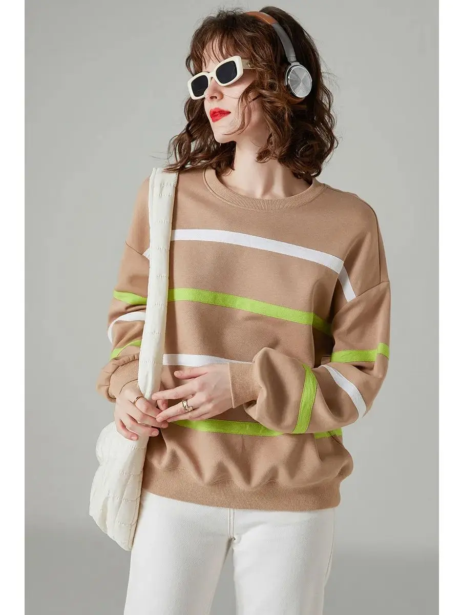 LOUIS YAO Women Sweatshirt 2024 Spring New Round Neck Long Sleeve Striped Loose Fit Casual Chic Pullover Women's Top