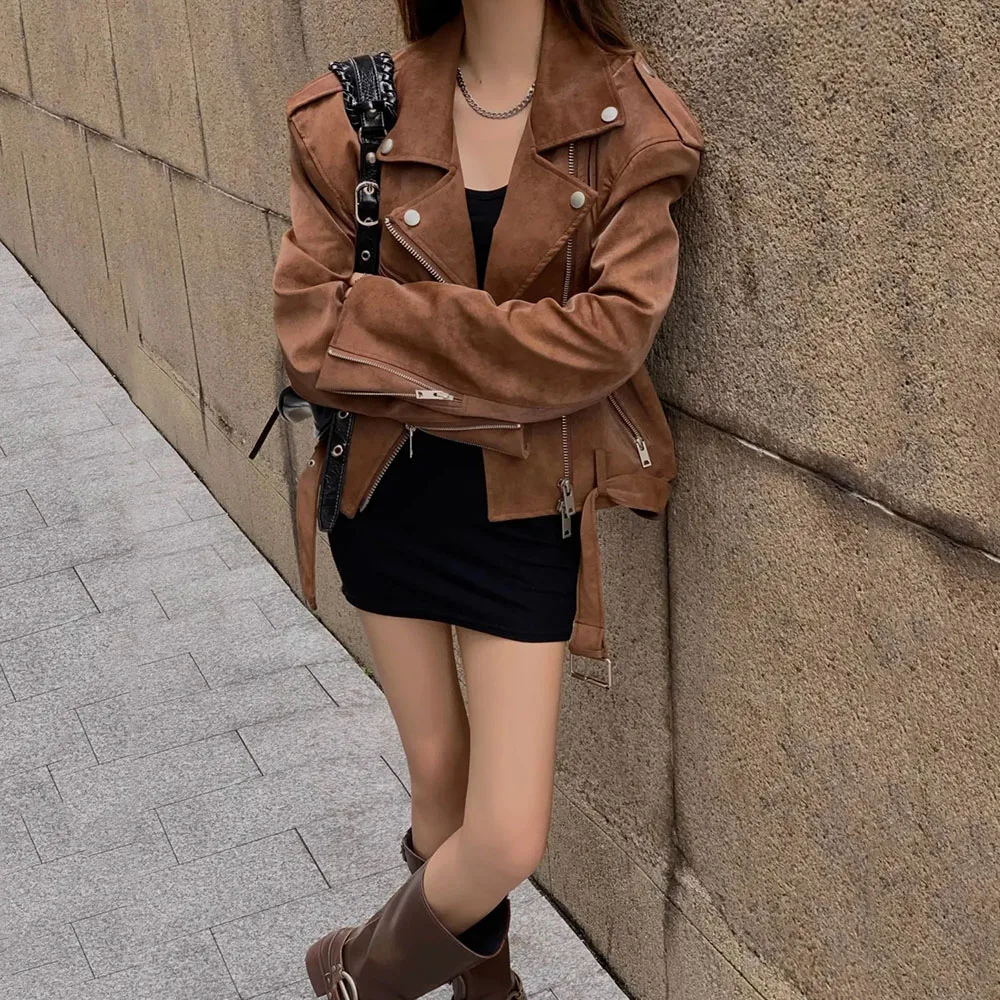 Korean Suede Jacket Women Autumn Winter New Solid Zipper Long Sleeve Fashion Leather Jackets Brown Slim Short PU Locomotive Coat