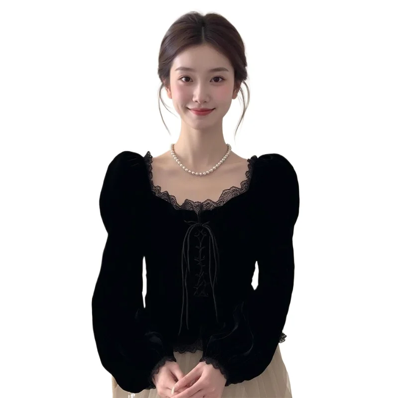 

French Hepburn Style Black Lace Bubble Sleeve Velvet Top 2026 Autumn and Winter Women's Clothing Thin Inner Temperament Shirt