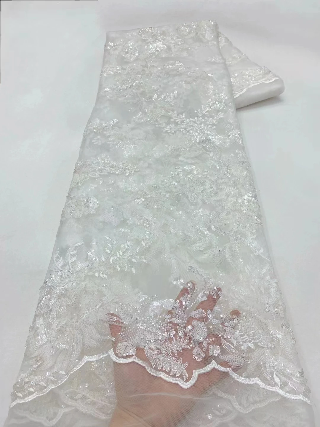 New French tulle lace sequins bead tube embroidery fabric, Europe and the United States high-end wedding dress sewing fabrics