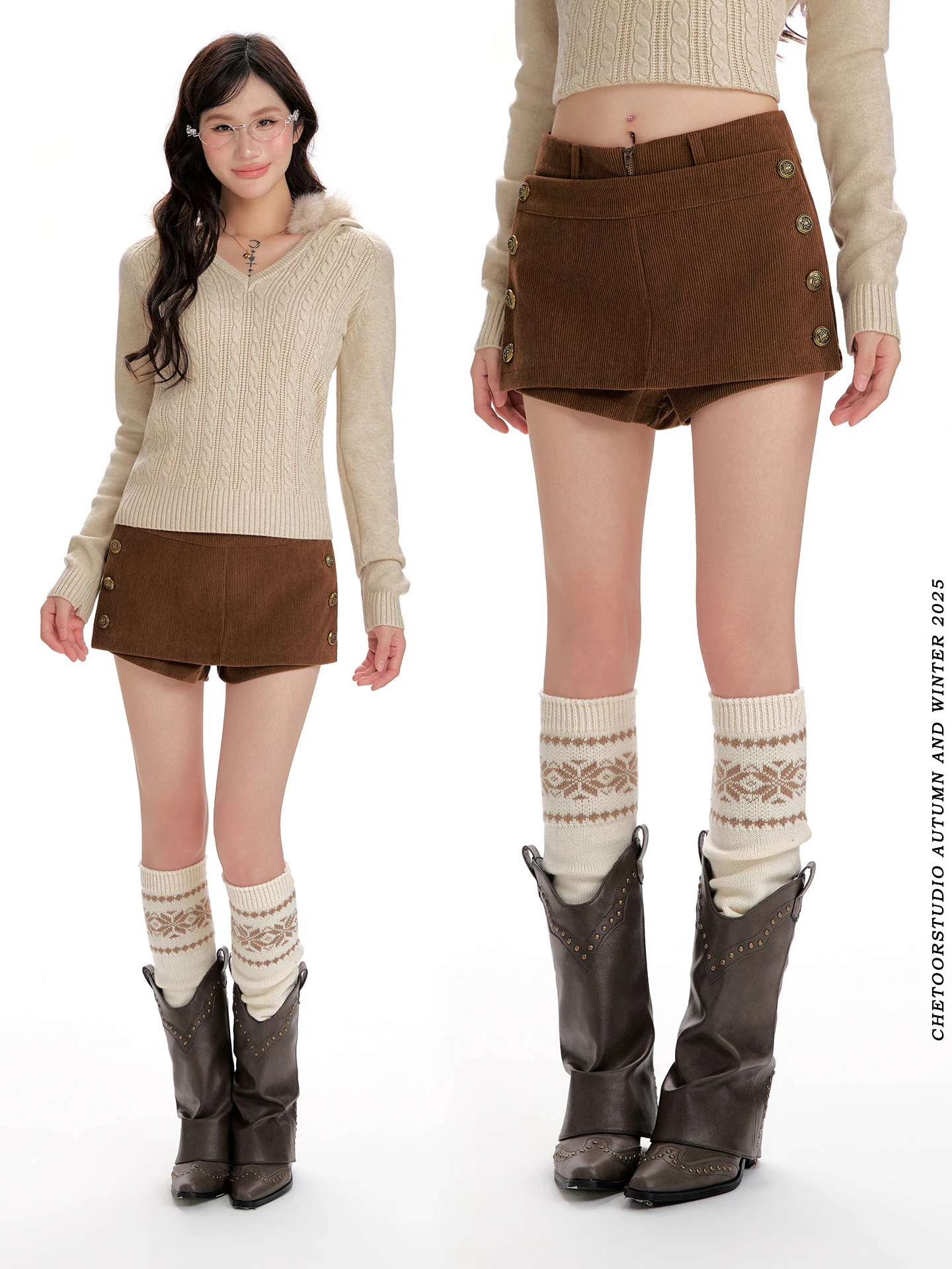 

High Waist Corduroy orts Women's Sli Casual Pants Coffee Color Sexy Girl Sle Button Decorated f Skirt