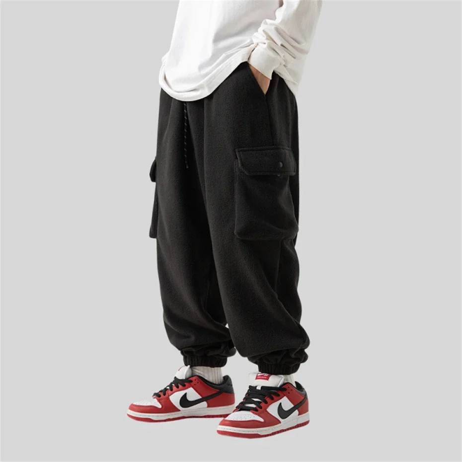 Winter Polar Fleece Pencil Pant Men Hip Hop Streetwear Sweatpants Loose Cargo Pant Men Japan Solid Beige Trousers Mens Clothing