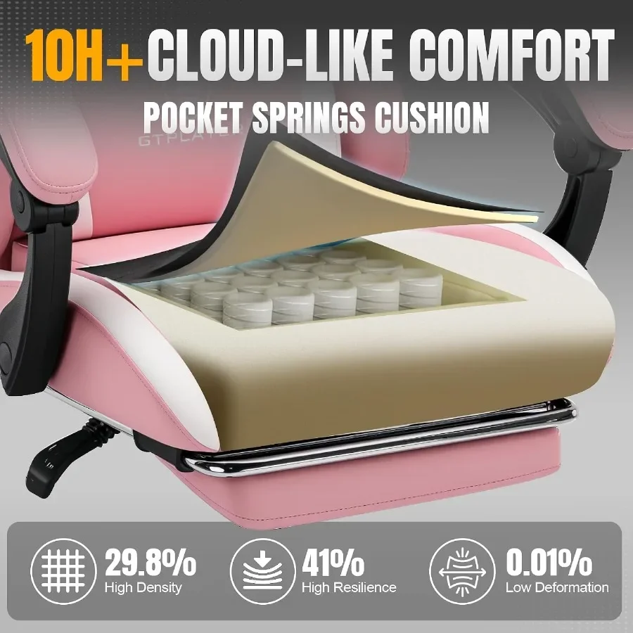 Gaming Chair with Foot Rest Pocket Spring Cushion, Ergonomic High Back Computer Chair for Home Office Desk, PU Leather, Pink, E view 4