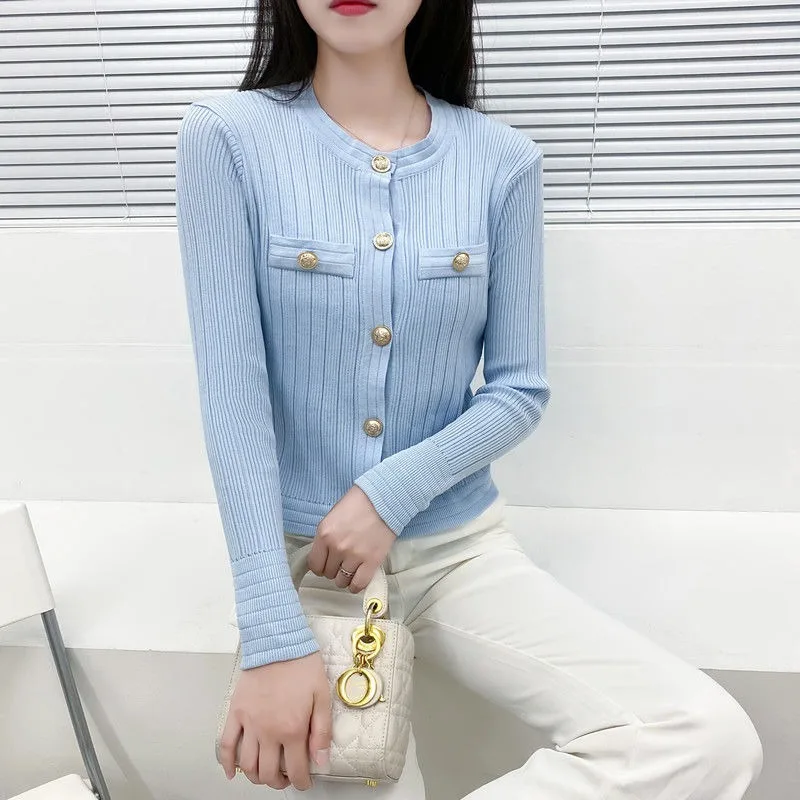 

Korean Slim Solid Color Knitting Cardigan Women Autumn Winter Elegant Temperament Sweater Coat Fashion All-match Knitwear Tops