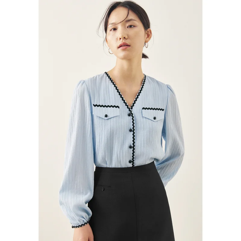 

Women Shirt Spring Blue Shirt V-neck Fashion Leisure Vintage 2023 NEW Female Long Sleeve Chic Comfortable Casual Blouse Tops