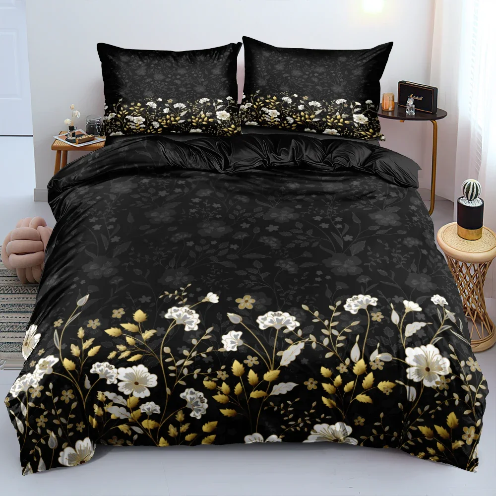 3D Design Flowers Duvet Cover Sets Bed Linens Bedding Set Quilt/Comforter Covers Pillowcases 220x240 Size Black Home Texitle