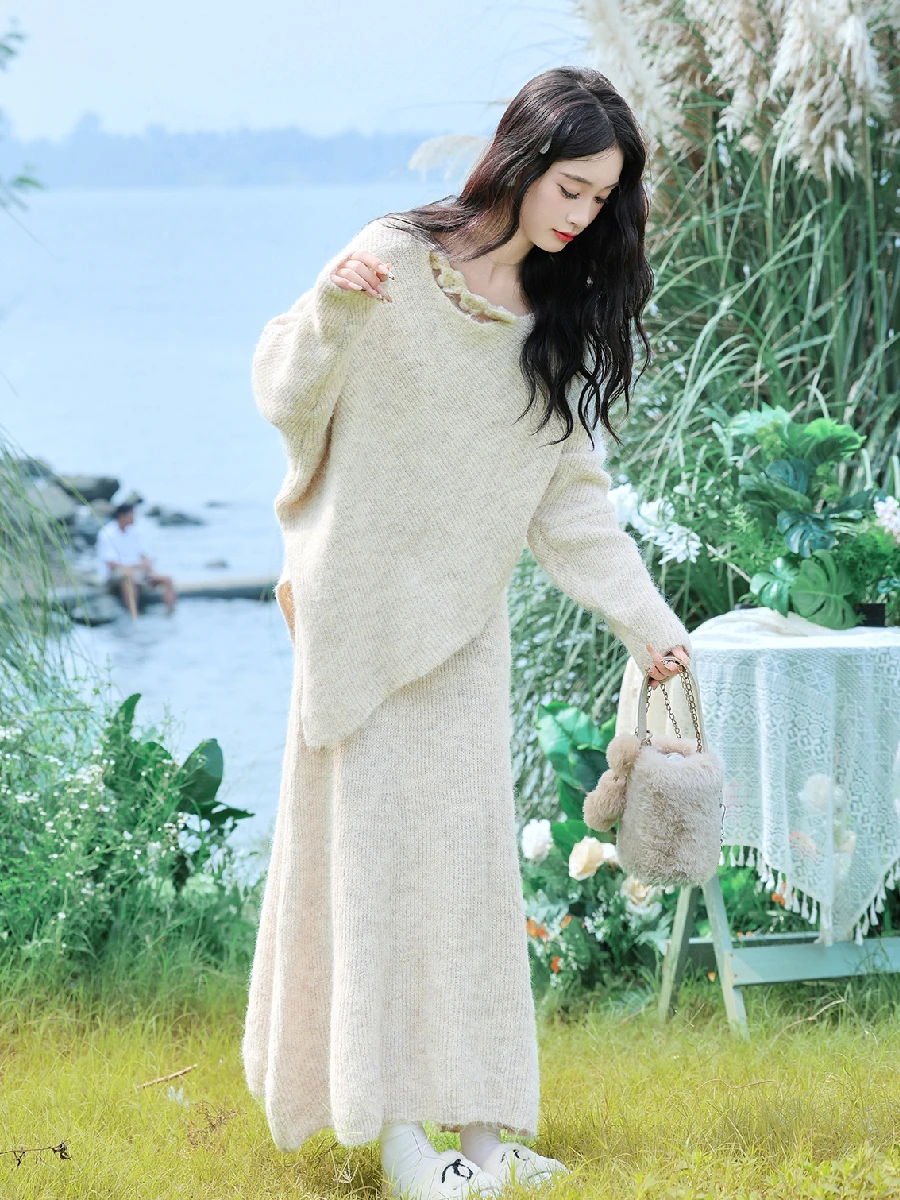 

Комплект из вязаного свитера с асимметричным кружевным воротником и юбки для женщин, осенний повседневный модный костюм