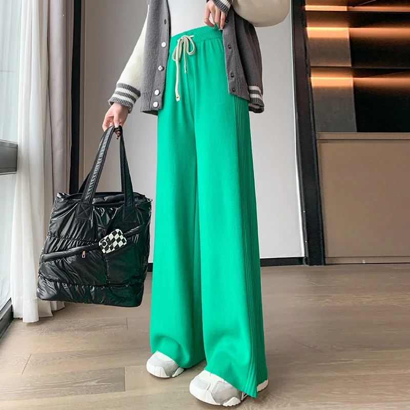 Knitted wide-leg pants design sense side pleated pit strips autumn and winter thickened drape loose and thin moppingcasualpants