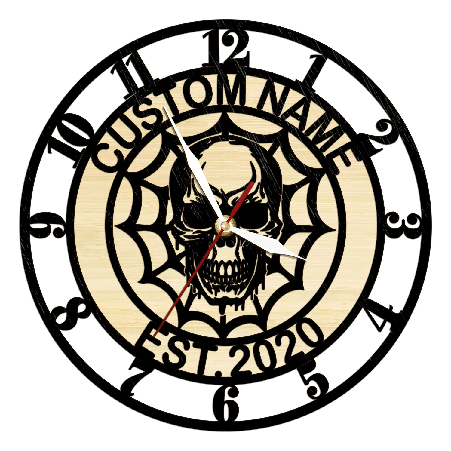 Horror Skull Head Bone Personalized Skeleton Face Sign Wall Clock Halloween Home Decor Black Wooden Art Natural Timber Clock