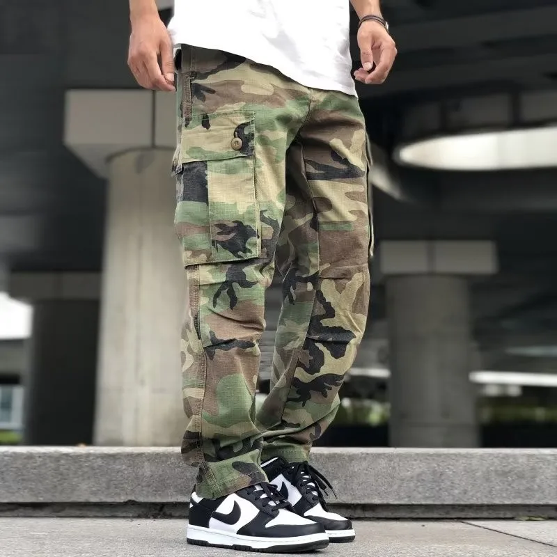 Men's Camouflage Cargo Pants Vintage Loose Straight Casual Pants Streetwear Baggy Trousers Heavyweight Washed Camo Work Pants